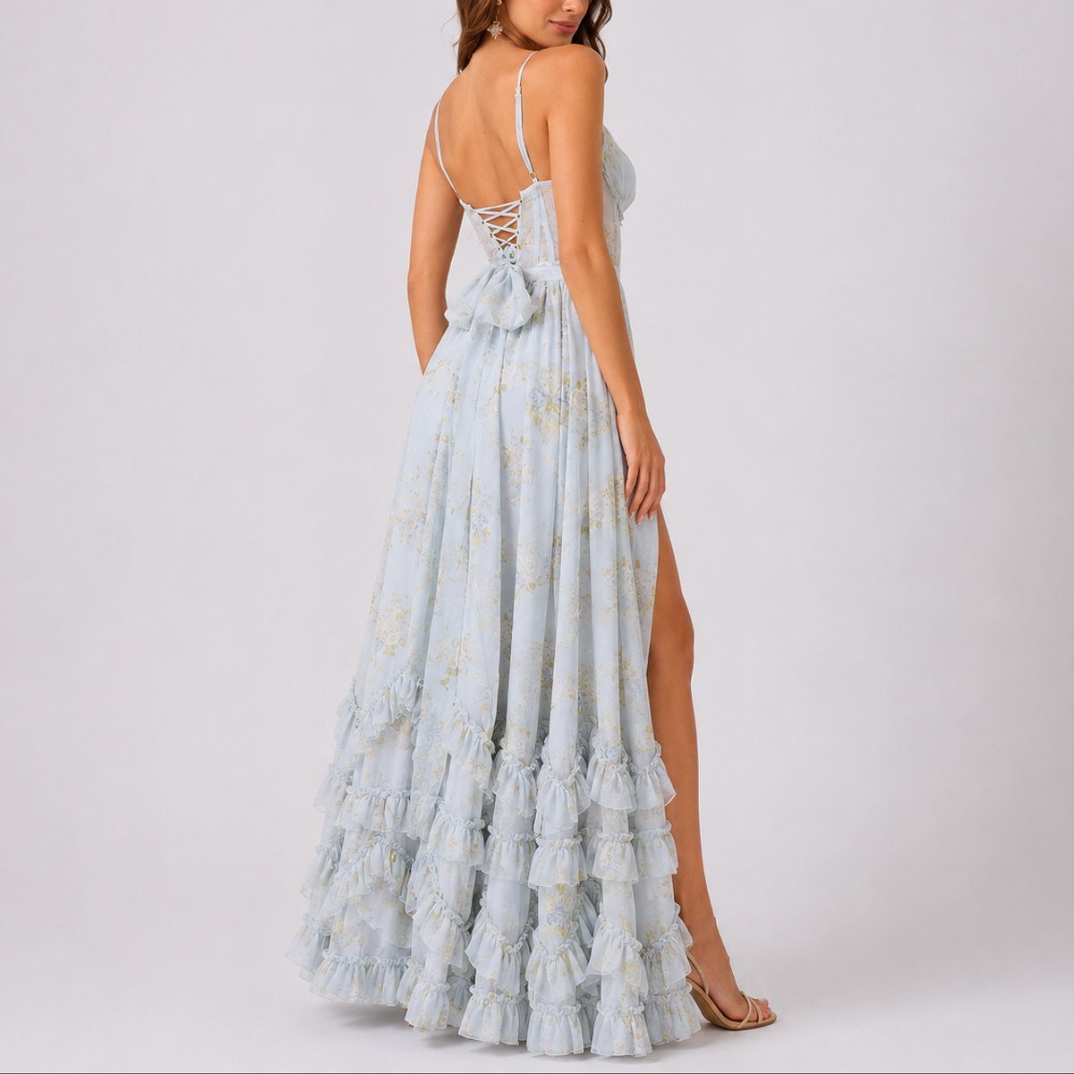 Women's Floral Chiffon Corset Maxi Dress with Ruffle Hem and Split - Maisie London