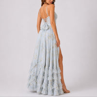 Women's Floral Chiffon Corset Maxi Dress with Ruffle Hem and Split - Maisie London