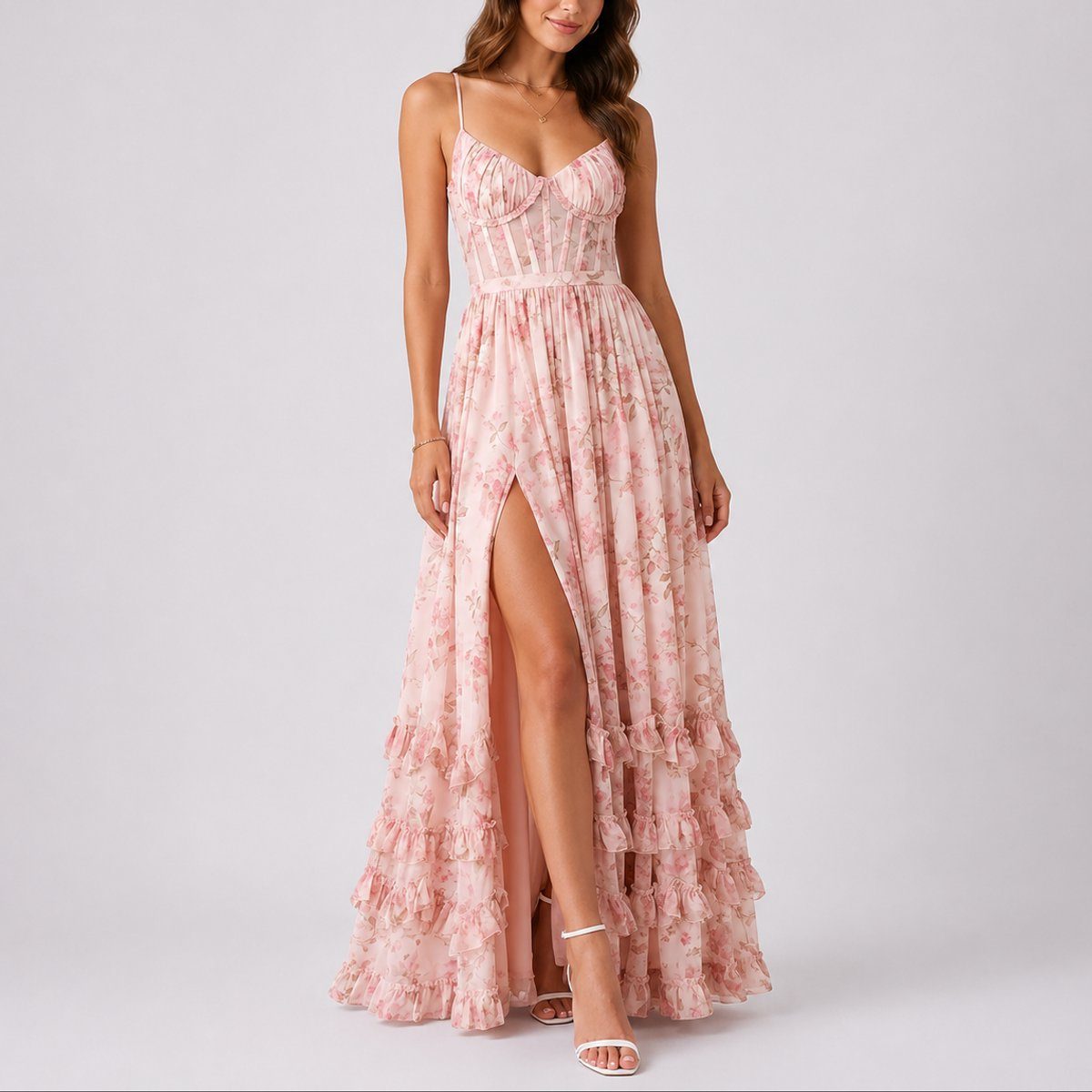 Women's Floral Chiffon Corset Maxi Dress with Ruffle Hem and Split - Maisie London