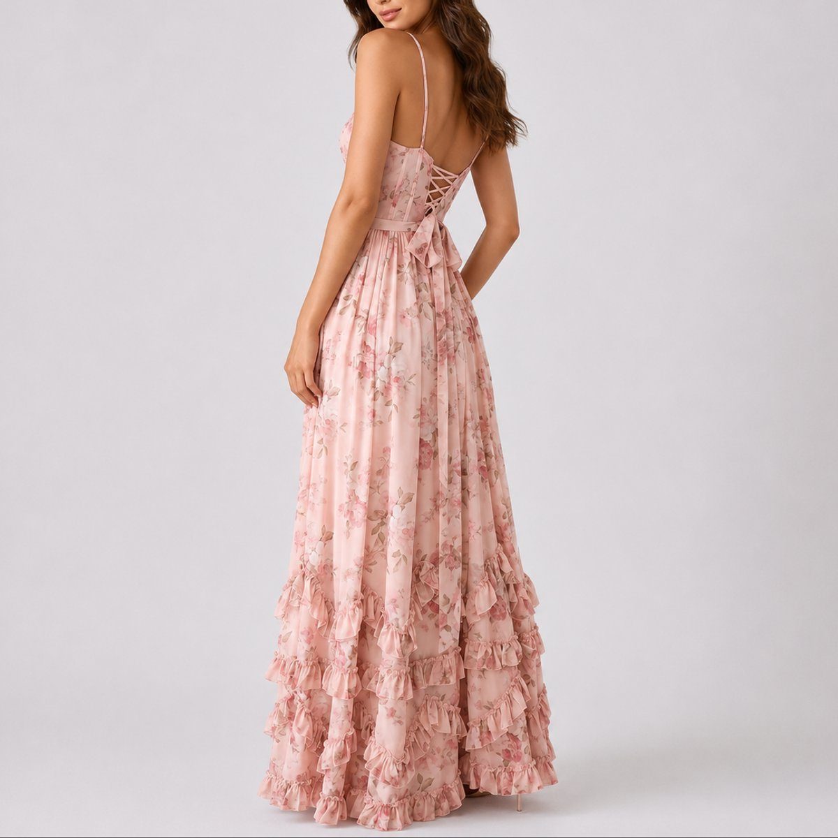 Women's Floral Chiffon Corset Maxi Dress with Ruffle Hem and Split - Maisie London