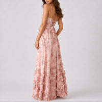Women's Floral Chiffon Corset Maxi Dress with Ruffle Hem and Split - Maisie London