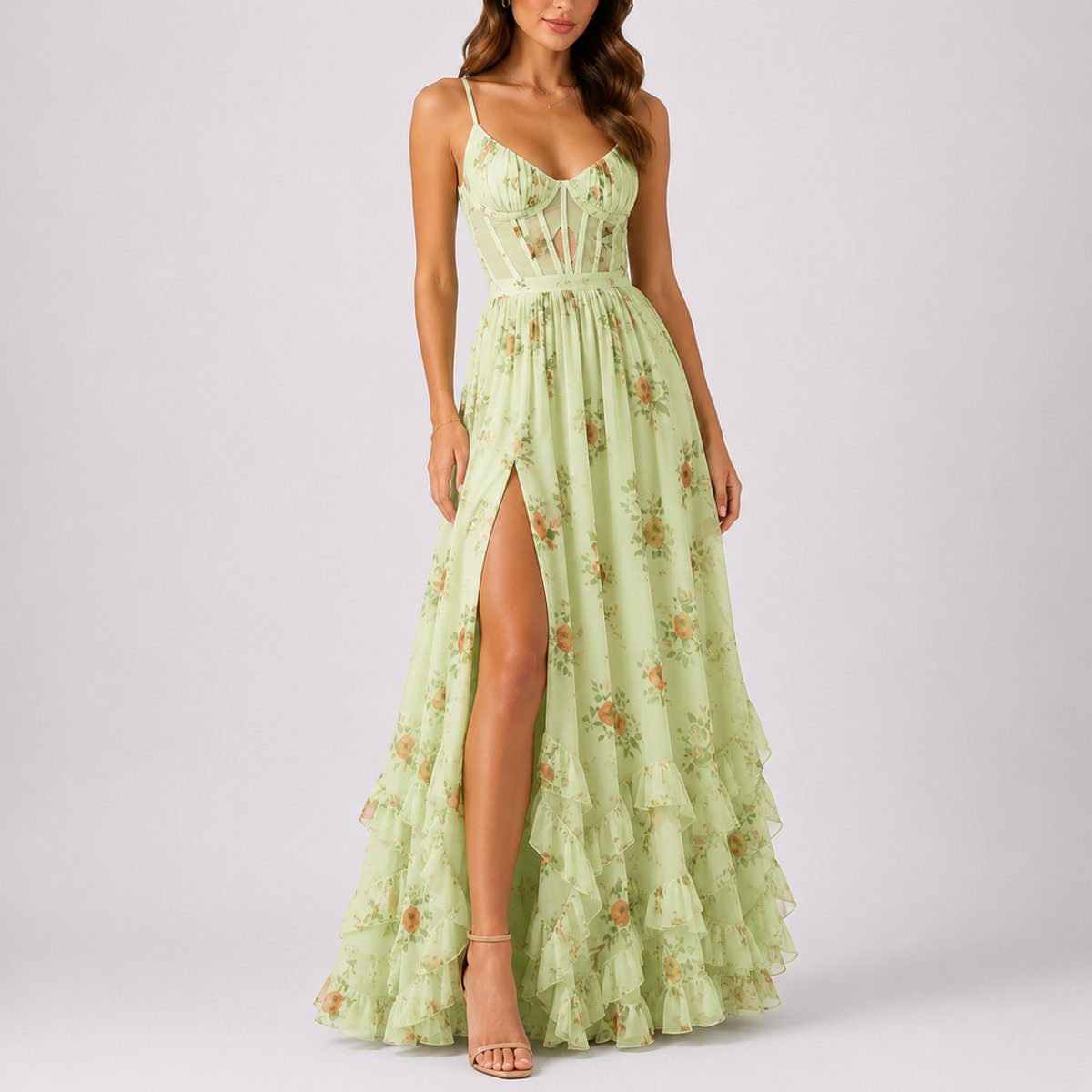 Women's Floral Chiffon Corset Maxi Dress with Ruffle Hem and Split - Maisie London