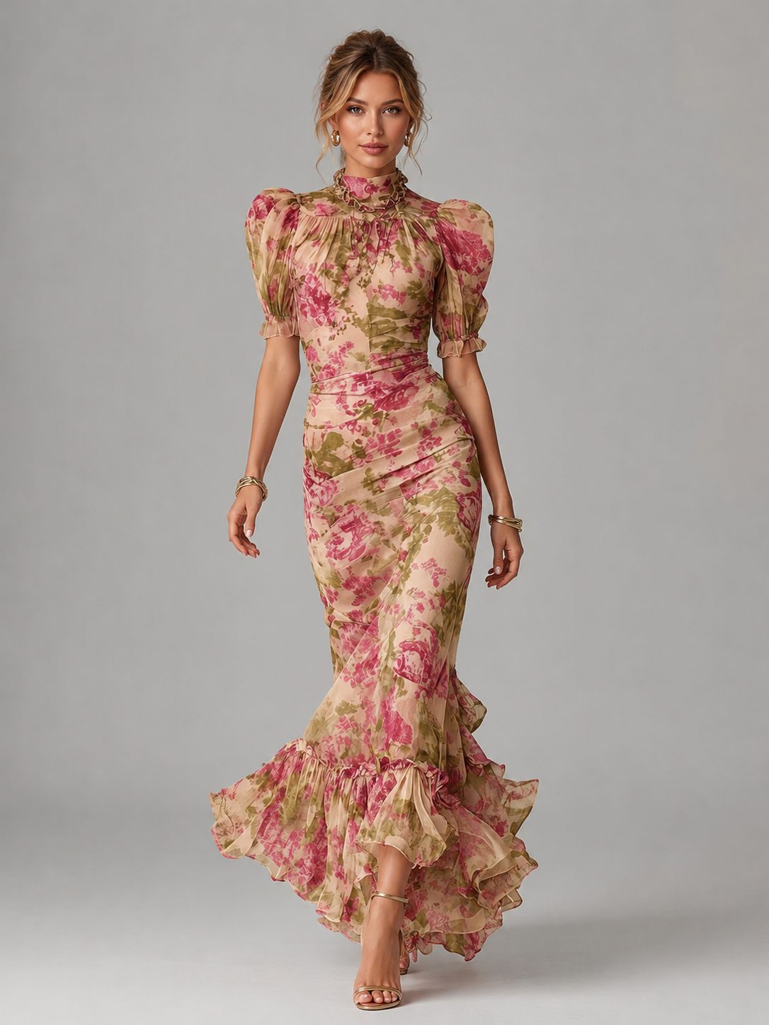 Women's Pink Floral Chiffon Maxi Dress with Puff Sleeves and Ruffles - Maisie London