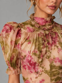 Women's Pink Floral Chiffon Maxi Dress with Puff Sleeves and Ruffles - Maisie London