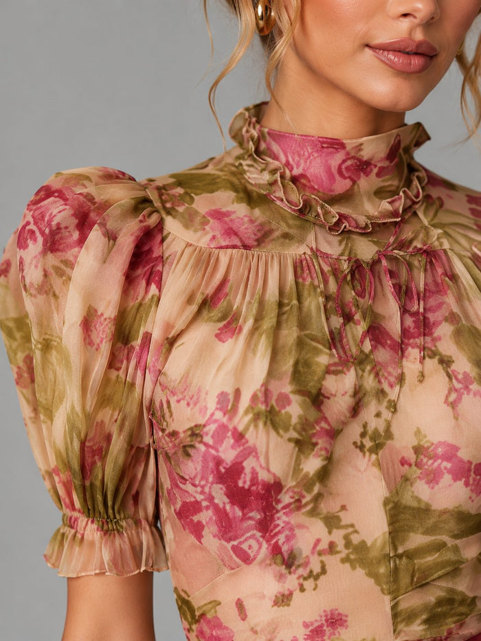Women's Pink Floral Chiffon Maxi Dress with Puff Sleeves and Ruffles - Maisie London