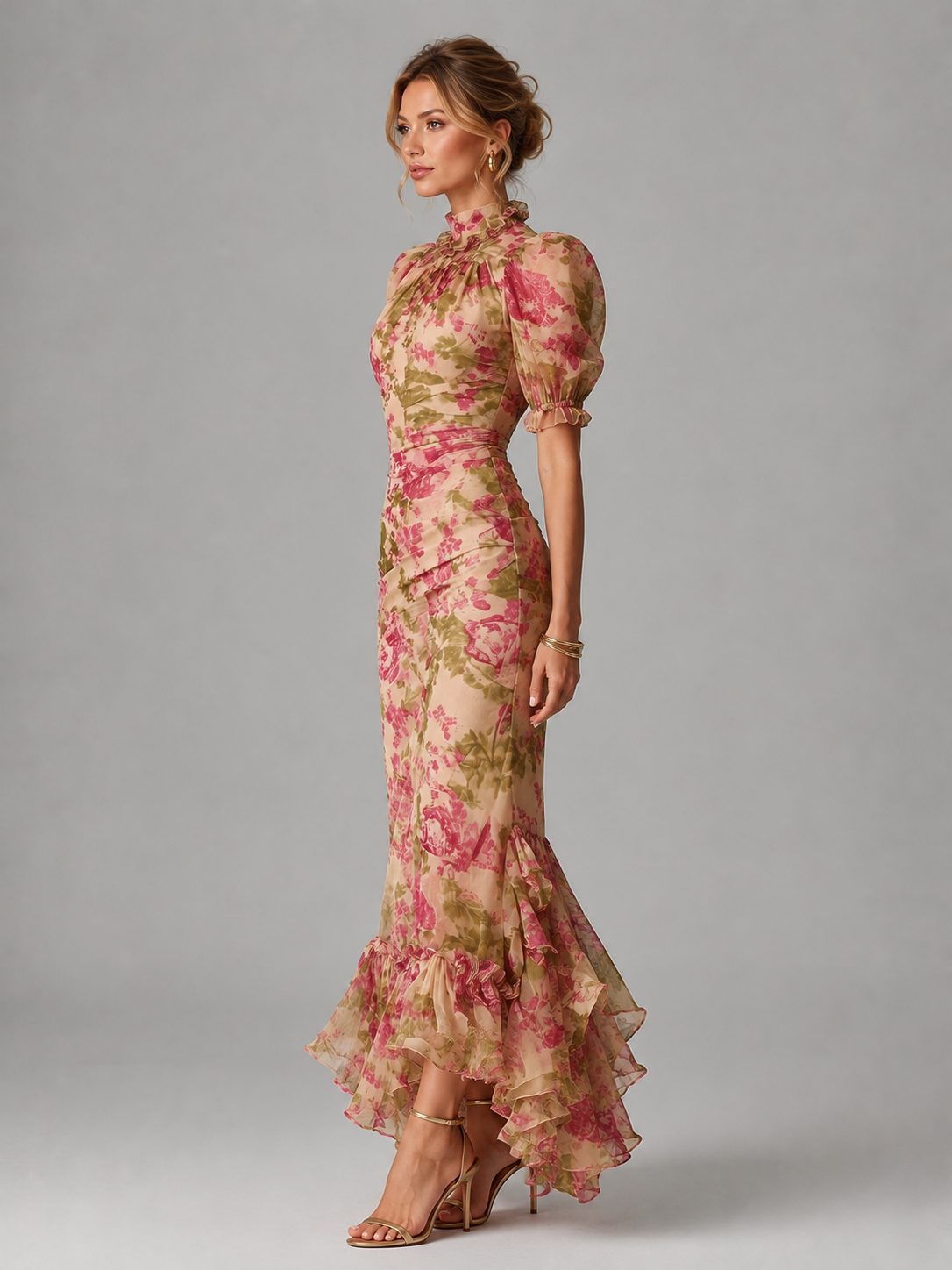 Women's Pink Floral Chiffon Maxi Dress with Puff Sleeves and Ruffles - Maisie London