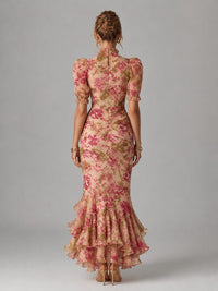 Women's Pink Floral Chiffon Maxi Dress with Puff Sleeves and Ruffles - Maisie London