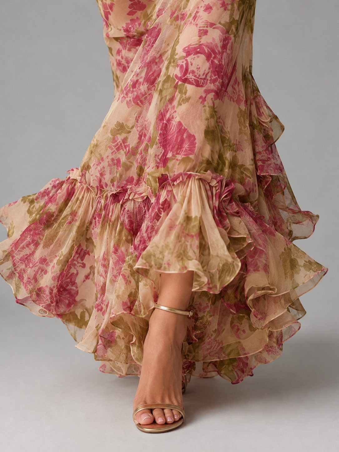 Women's Pink Floral Chiffon Maxi Dress with Puff Sleeves and Ruffles - Maisie London