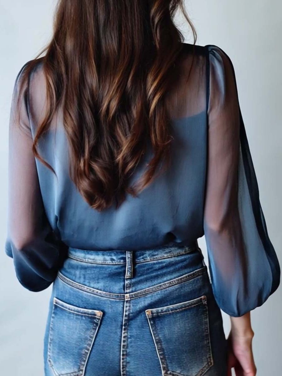 Women's Blue Sheer Chiffon Floral Blouse with Collar and Buttons - Maisie London
