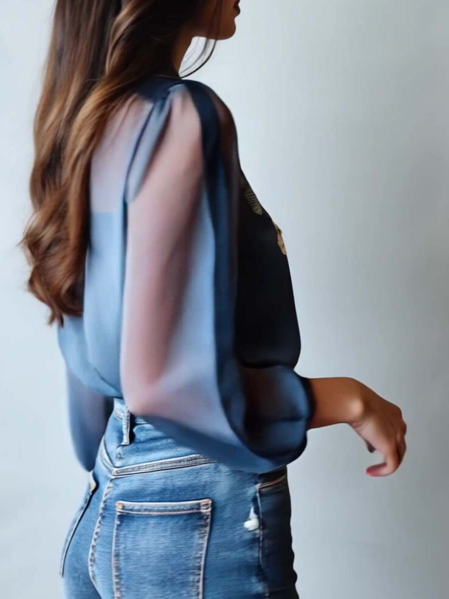 Women's Blue Sheer Chiffon Floral Blouse with Collar and Buttons - Maisie London