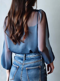Women's Blue Sheer Chiffon Floral Blouse with Collar and Buttons - Maisie London
