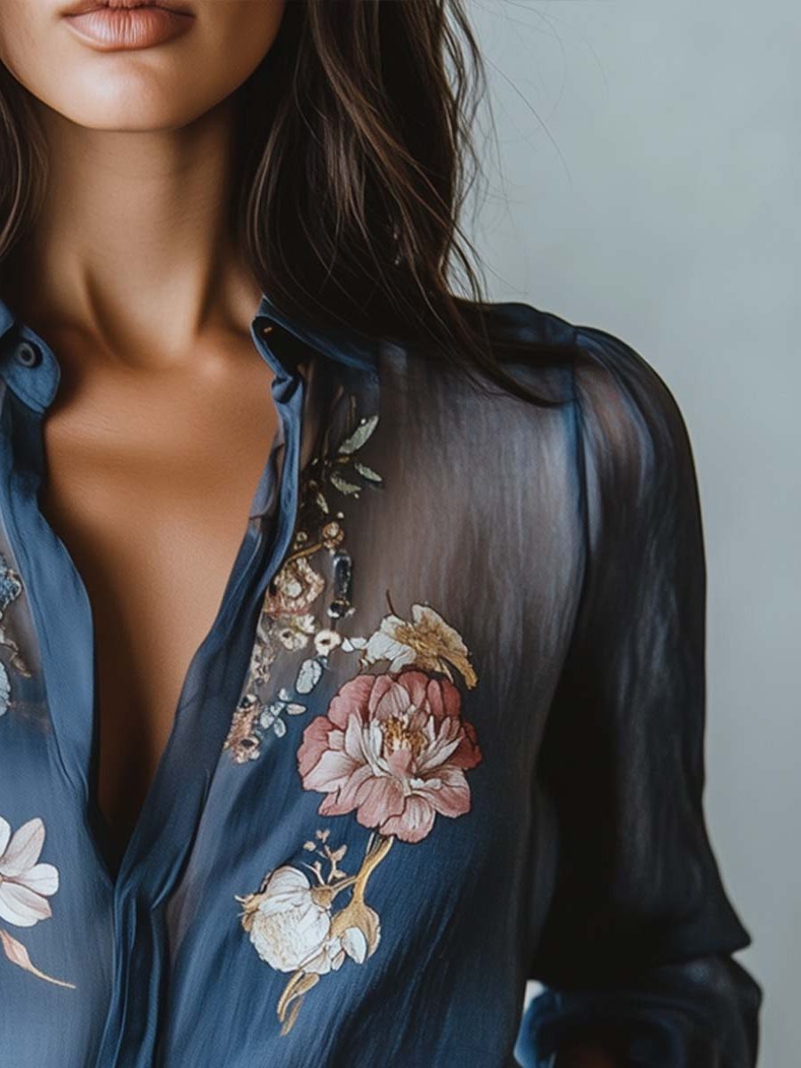 Women's Blue Sheer Chiffon Floral Blouse with Collar and Buttons - Maisie London