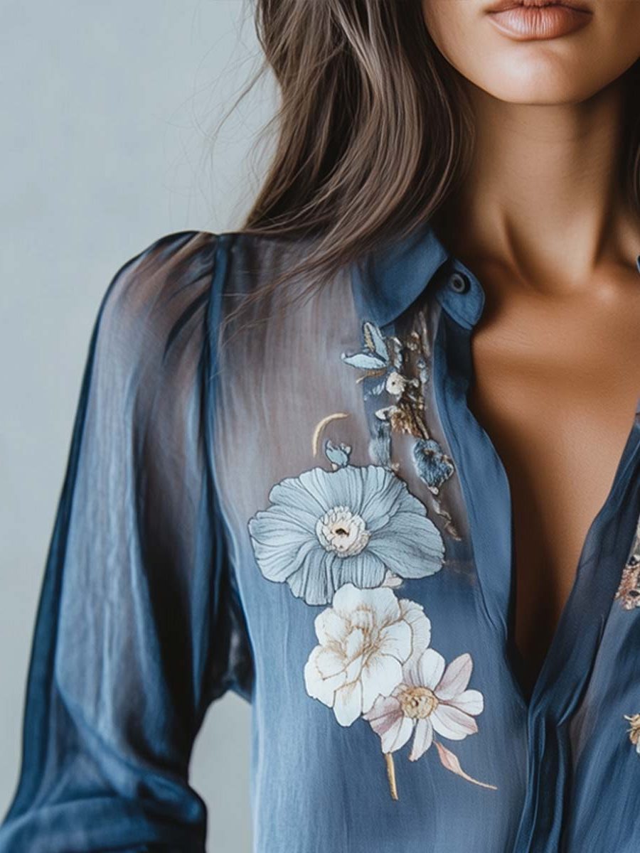 Women's Blue Sheer Chiffon Floral Blouse with Collar and Buttons - Maisie London