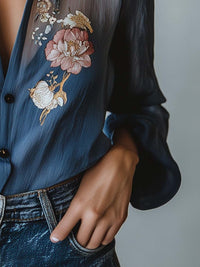Women's Blue Sheer Chiffon Floral Blouse with Collar and Buttons - Maisie London