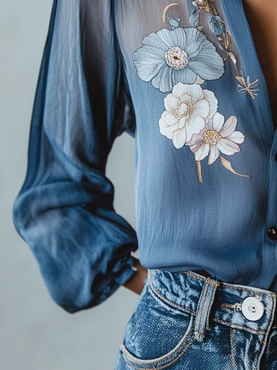 Women's Blue Sheer Chiffon Floral Blouse with Collar and Buttons - Maisie London