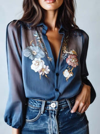 Women's Blue Sheer Chiffon Floral Blouse with Collar and Buttons - Maisie London
