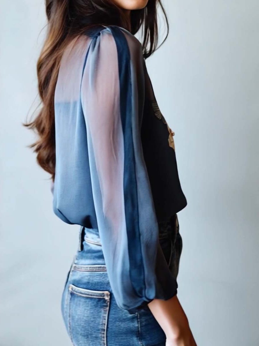 Women's Blue Sheer Chiffon Floral Blouse with Collar and Buttons - Maisie London