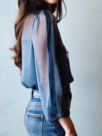 Women's Blue Sheer Chiffon Floral Blouse with Collar and Buttons - Maisie London