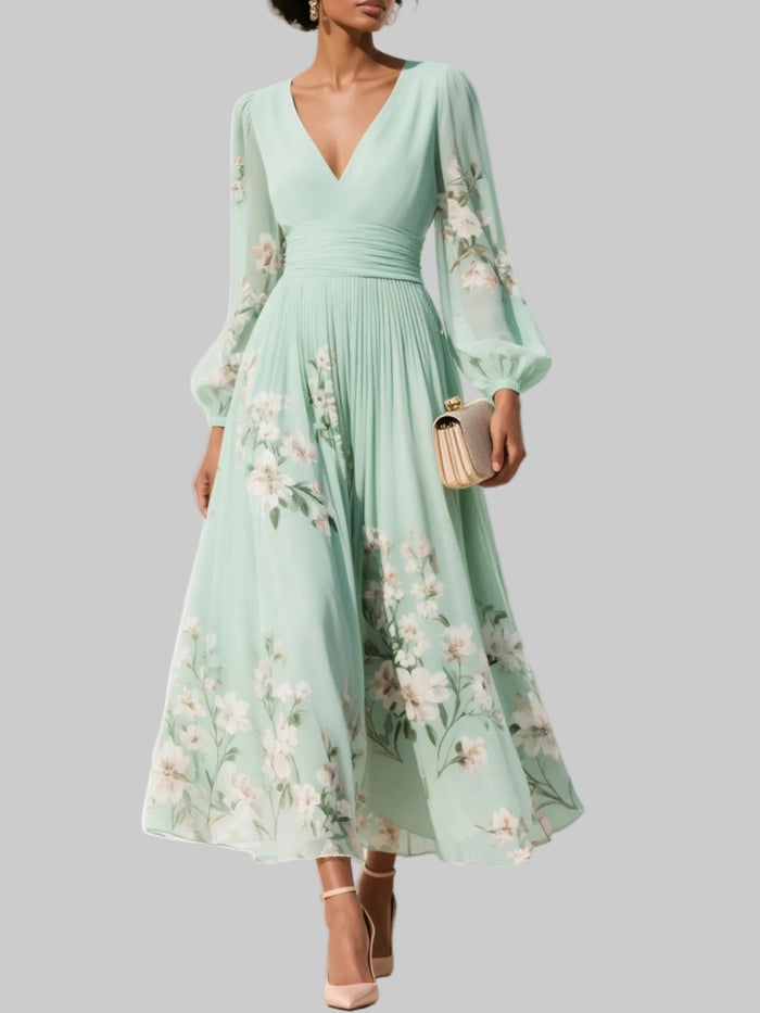 Women's Light Green Floral Chiffon Midi Dress with Ruched Waist - Maisie London