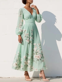 Women's Light Green Floral Chiffon Midi Dress with Ruched Waist - Maisie London