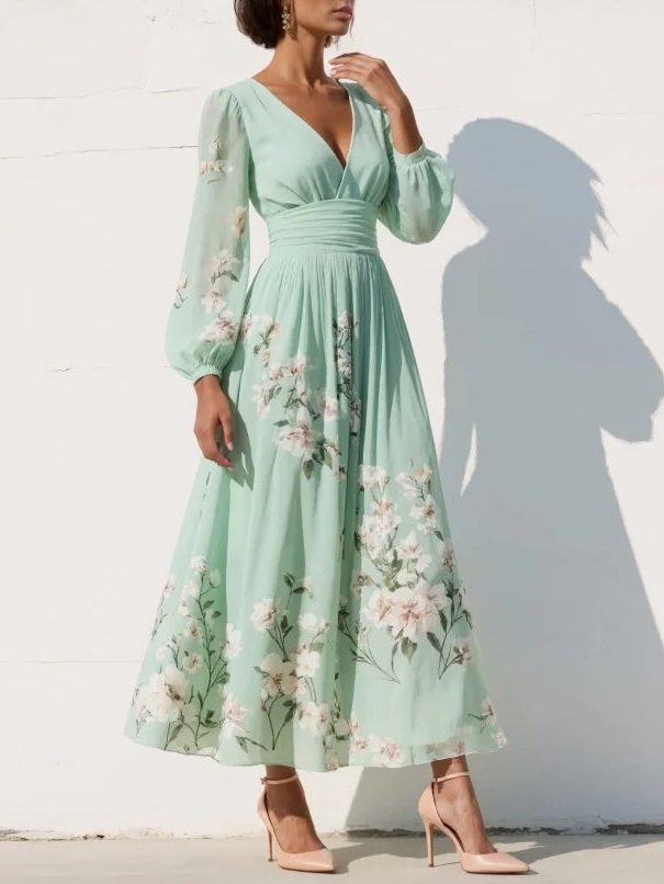 Women's Light Green Floral Chiffon Midi Dress with Ruched Waist - Maisie London