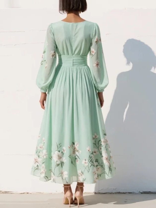 Women's Light Green Floral Chiffon Midi Dress with Ruched Waist - Maisie London