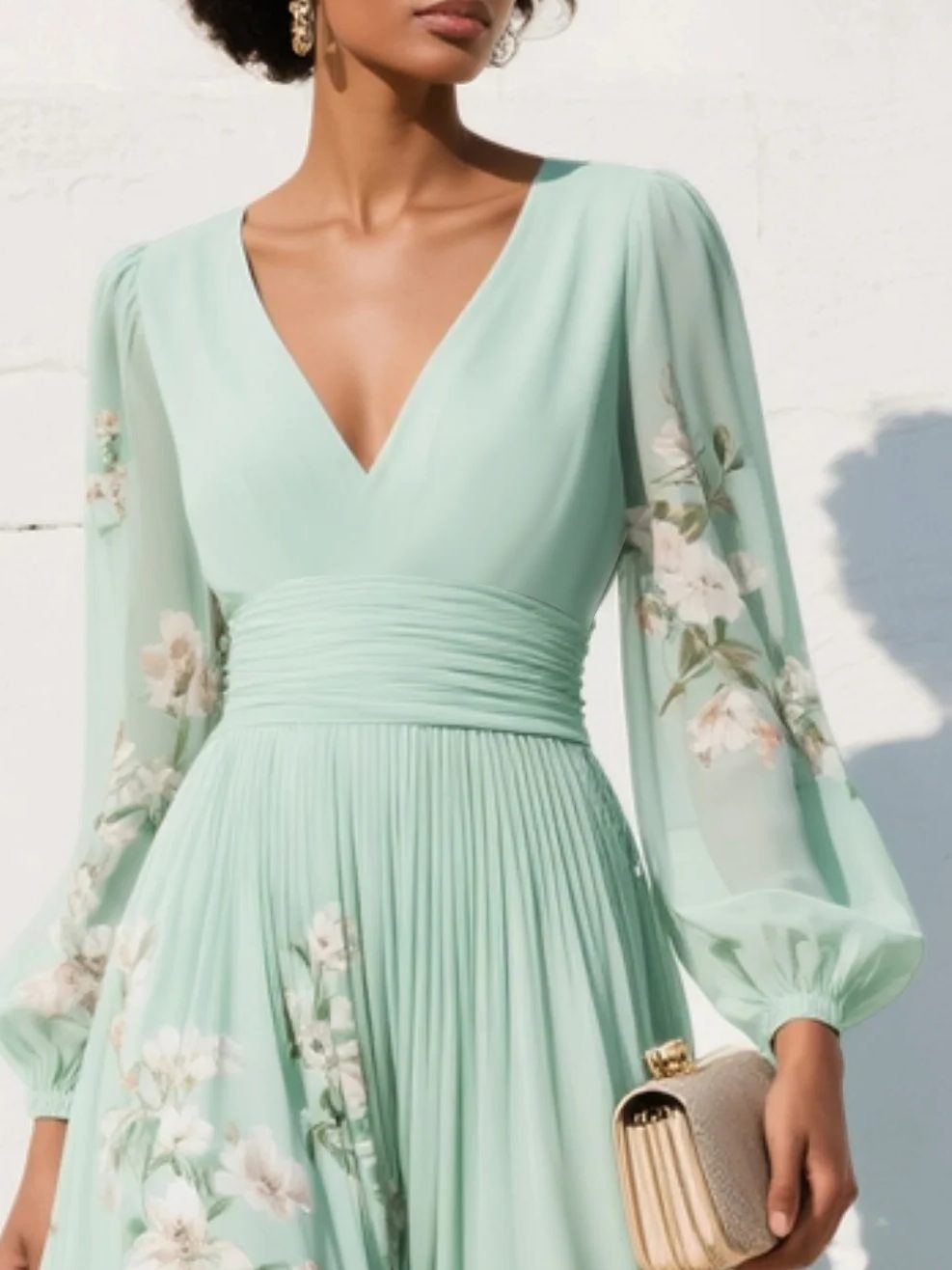 Women's Light Green Floral Chiffon Midi Dress with Ruched Waist - Maisie London