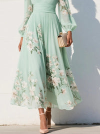 Women's Light Green Floral Chiffon Midi Dress with Ruched Waist - Maisie London