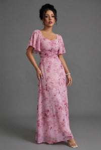 Women's Floral Chiffon Maxi Dress with Flutter Sleeves and Ruching - Maisie London