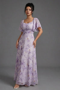 Women's Floral Chiffon Maxi Dress with Flutter Sleeves and Ruching - Maisie London