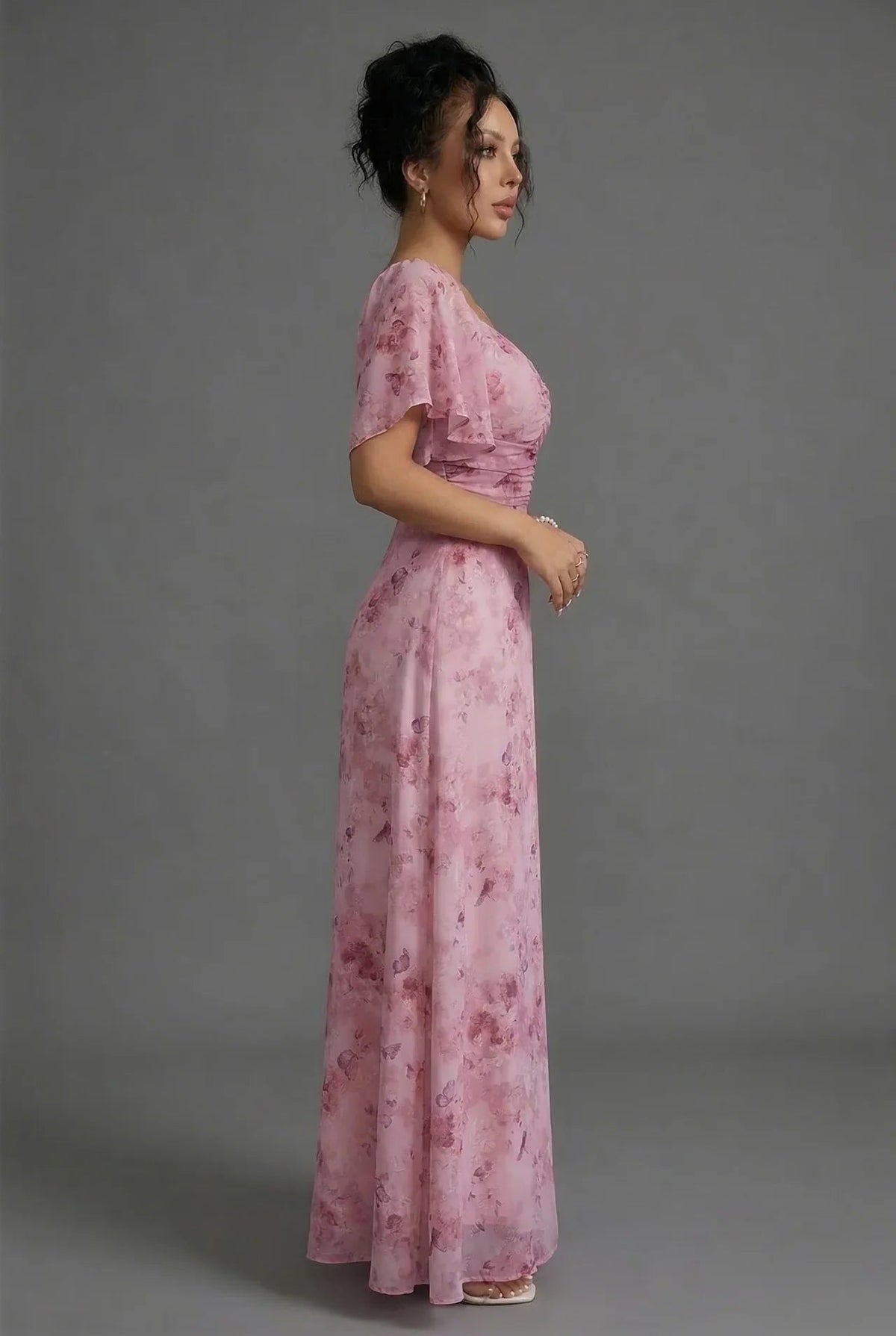Women's Floral Chiffon Maxi Dress with Flutter Sleeves and Ruching - Maisie London