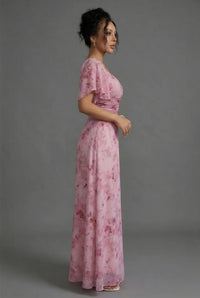 Women's Floral Chiffon Maxi Dress with Flutter Sleeves and Ruching - Maisie London