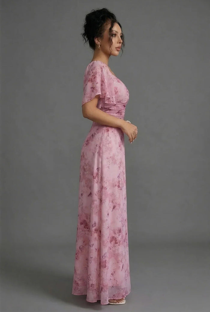 Women's Floral Chiffon Maxi Dress with Flutter Sleeves and Ruching - Maisie London