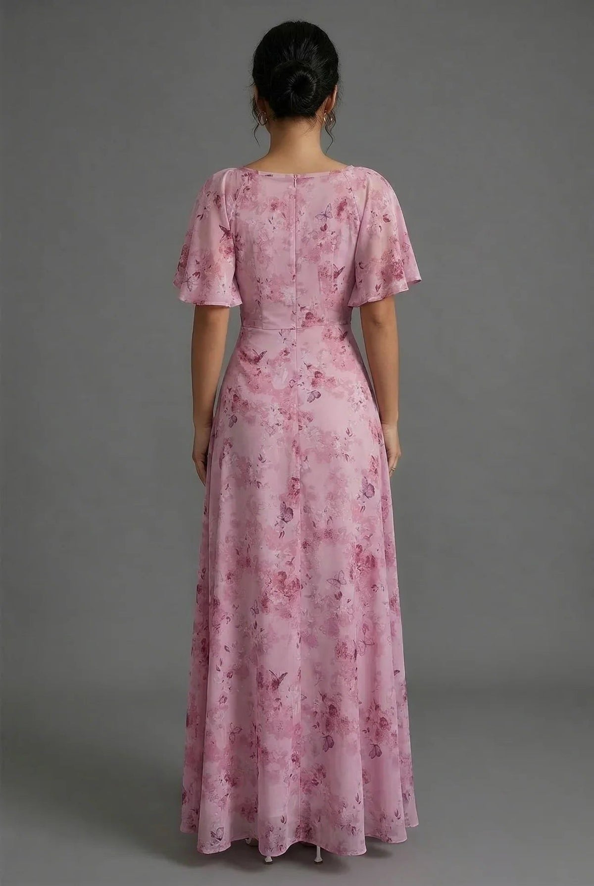Women's Floral Chiffon Maxi Dress with Flutter Sleeves and Ruching - Maisie London