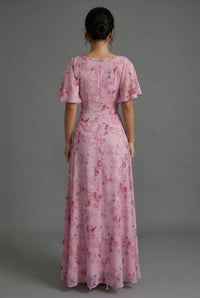 Women's Floral Chiffon Maxi Dress with Flutter Sleeves and Ruching - Maisie London