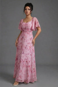 Women's Floral Chiffon Maxi Dress with Flutter Sleeves and Ruching - Maisie London