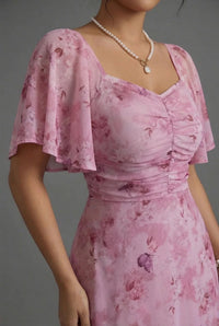Women's Floral Chiffon Maxi Dress with Flutter Sleeves and Ruching - Maisie London