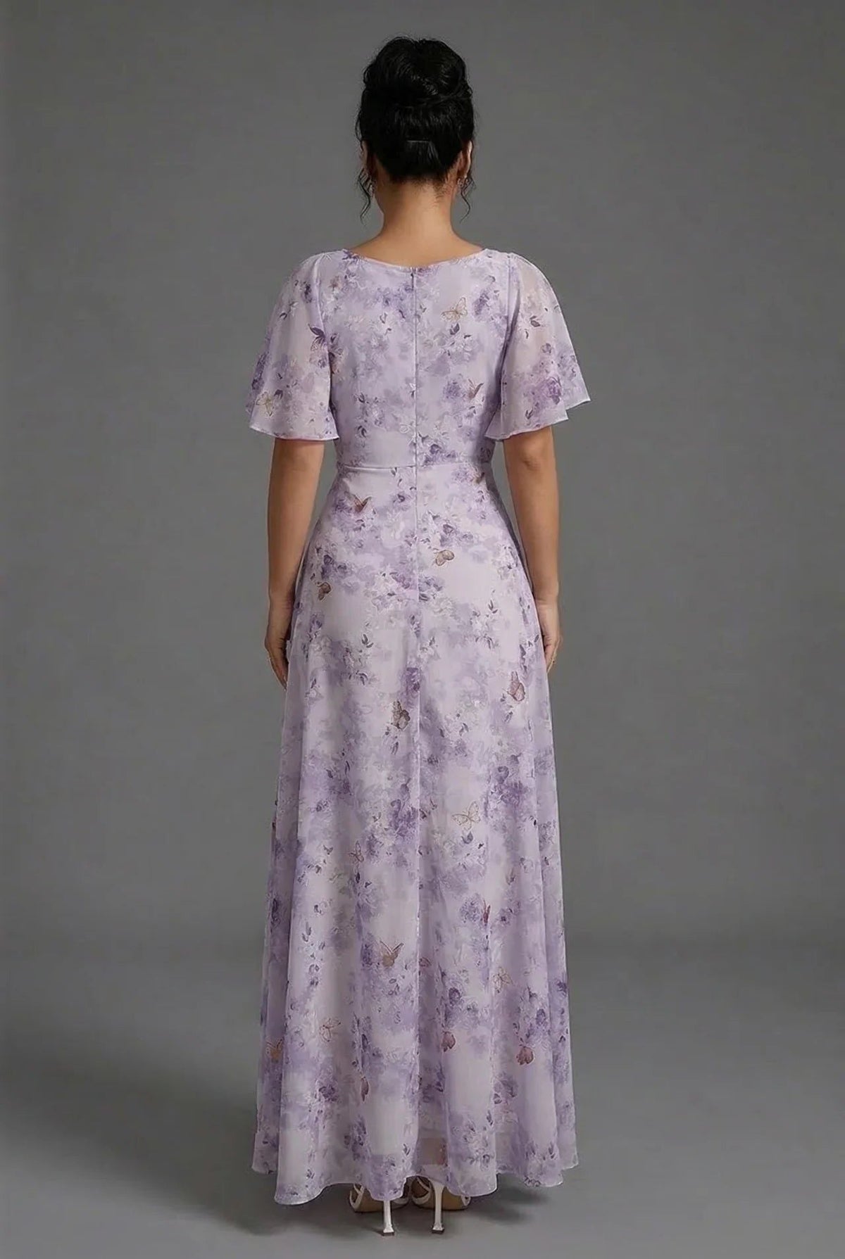 Women's Floral Chiffon Maxi Dress with Flutter Sleeves and Ruching - Maisie London