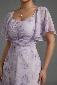 Women's Floral Chiffon Maxi Dress with Flutter Sleeves and Ruching - Maisie London