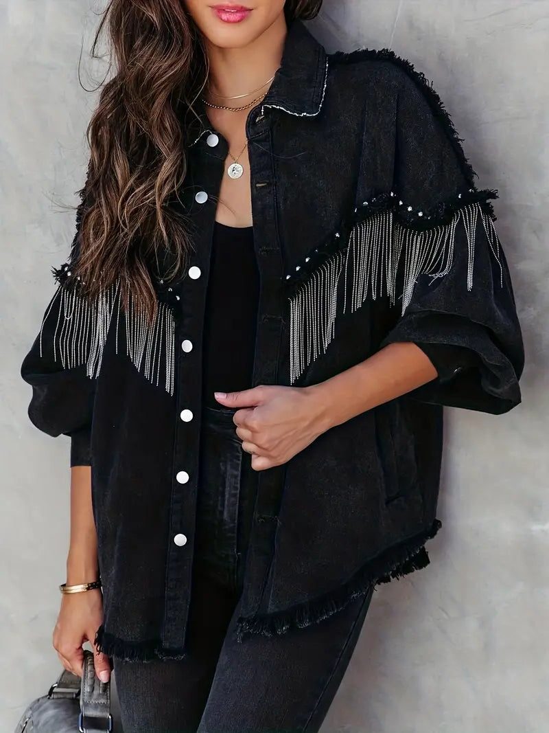 Women's Black Denim Oversized Jacket with Chain Fringe and Studs - Maisie London