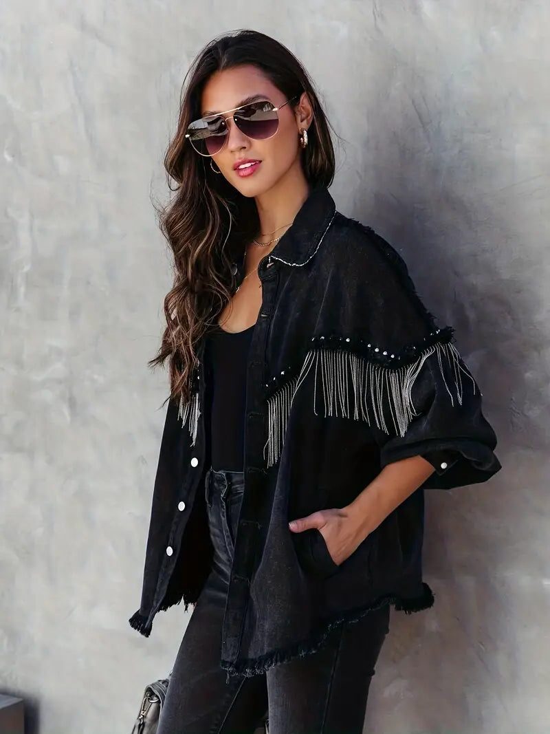 Women's Black Denim Oversized Jacket with Chain Fringe and Studs - Maisie London