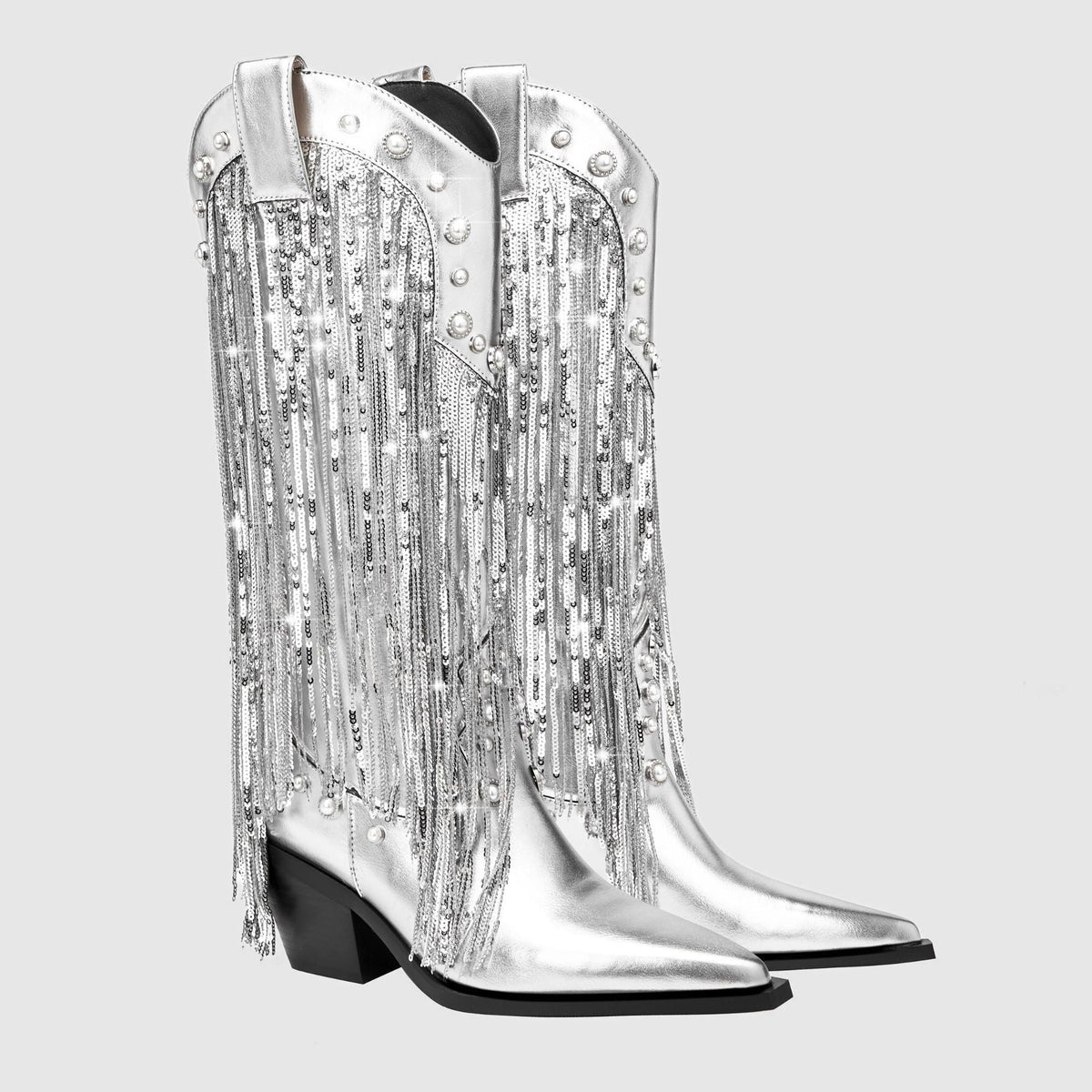 Women's Silver Metallic Mid-Calf Western Boots with Sequin Fringe - Maisie London
