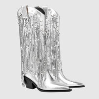 Women's Silver Metallic Mid-Calf Western Boots with Sequin Fringe - Maisie London