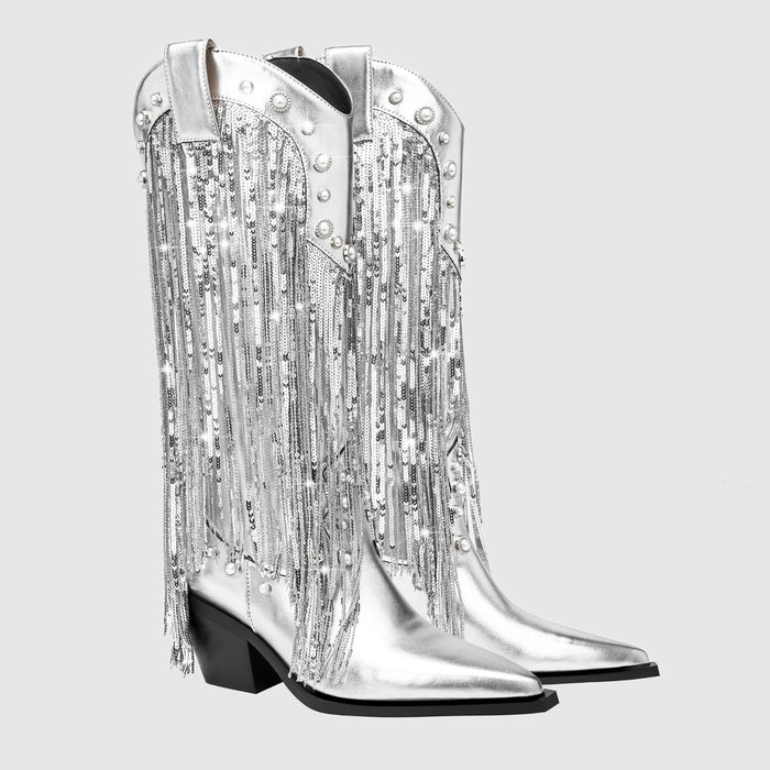 Women's Silver Metallic Mid-Calf Western Boots with Sequin Fringe - Maisie London