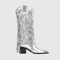 Women's Silver Metallic Mid-Calf Western Boots with Sequin Fringe - Maisie London