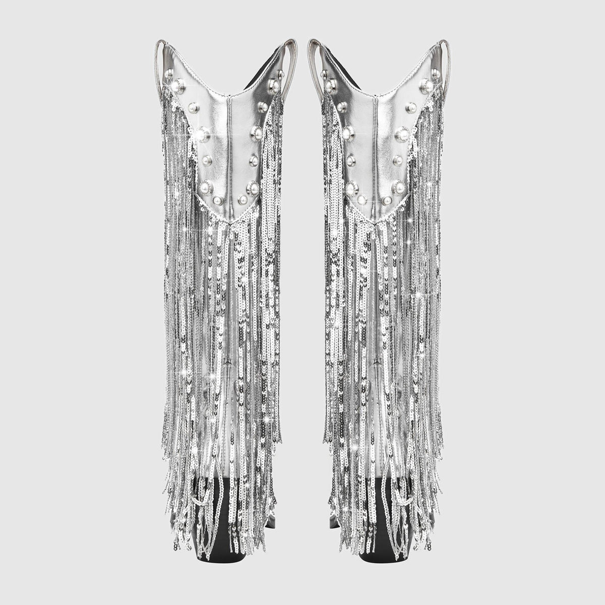 Women's Silver Metallic Mid-Calf Western Boots with Sequin Fringe - Maisie London