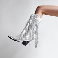 Women's Silver Metallic Mid-Calf Western Boots with Sequin Fringe - Maisie London