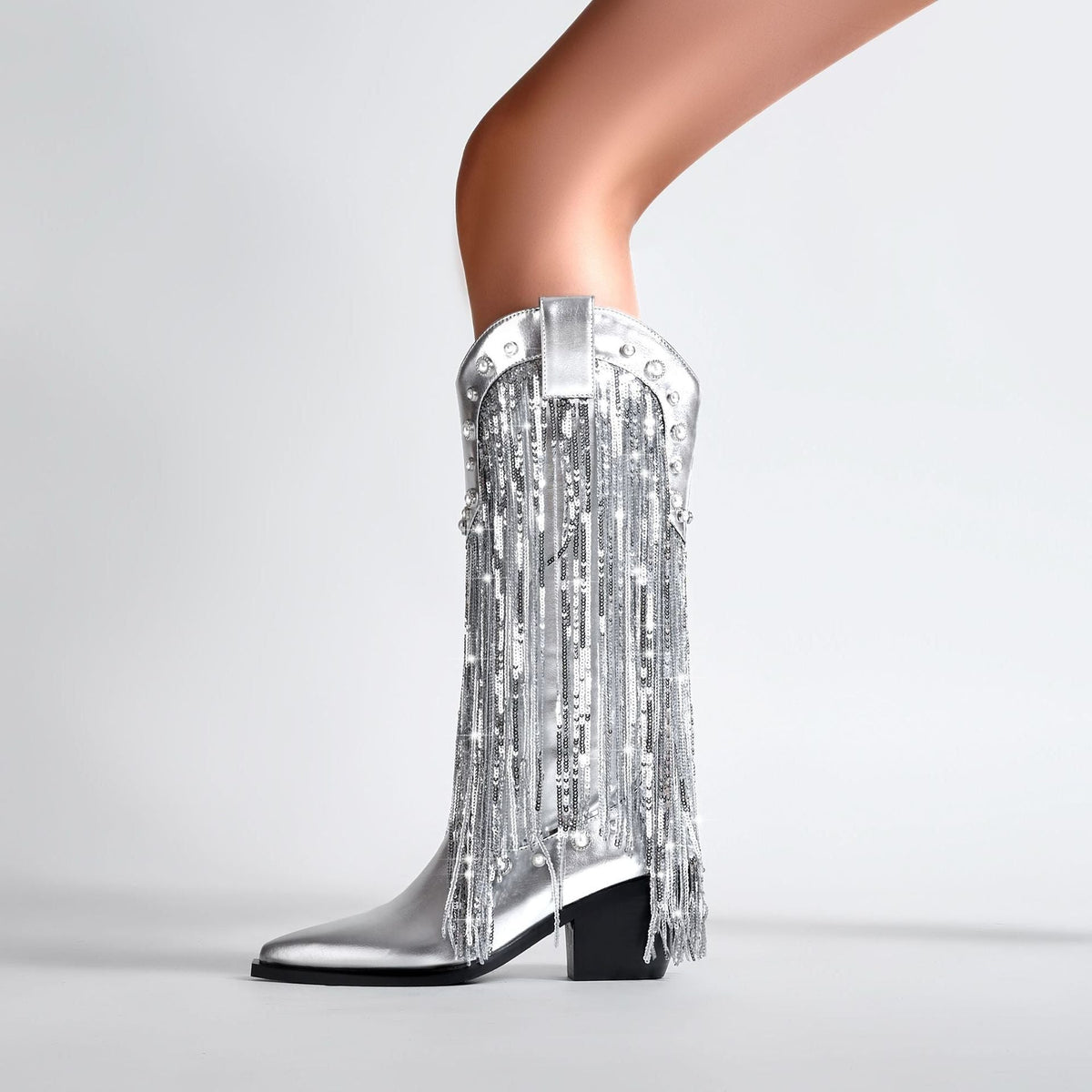 Women's Silver Metallic Mid-Calf Western Boots with Sequin Fringe - Maisie London