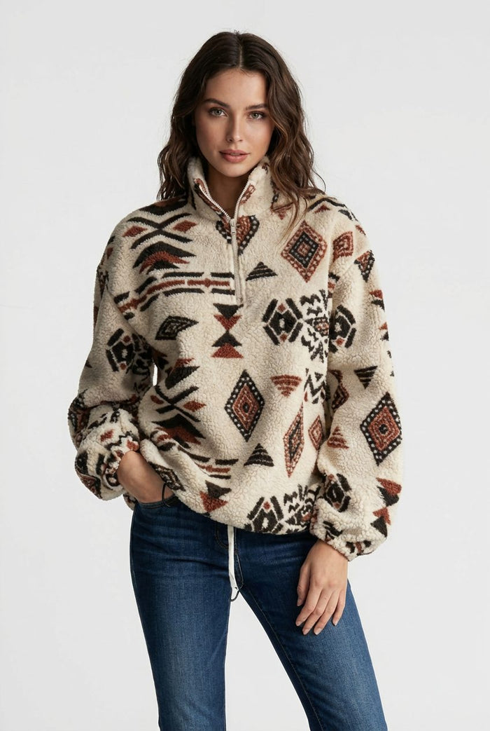 Women's Mixed Geometric Fleece Half-Zip Sweatshirt with Drawcord Hem - Maisie London