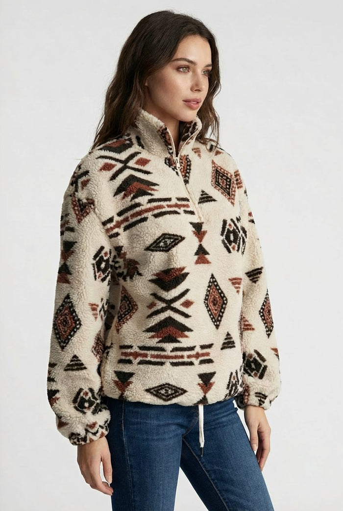 Women's Mixed Geometric Fleece Half-Zip Sweatshirt with Drawcord Hem - Maisie London